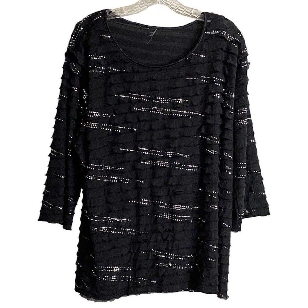 Womens Pullover Sz 2X Black Ruffled Layers Silver Sparkle Top WhimsiGoth Glam